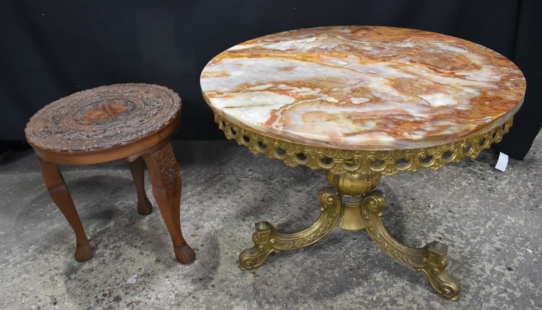 A marble topped table with gilt metal legs together with a small carved wood Anglo Indian table 46 x (1 of 3)