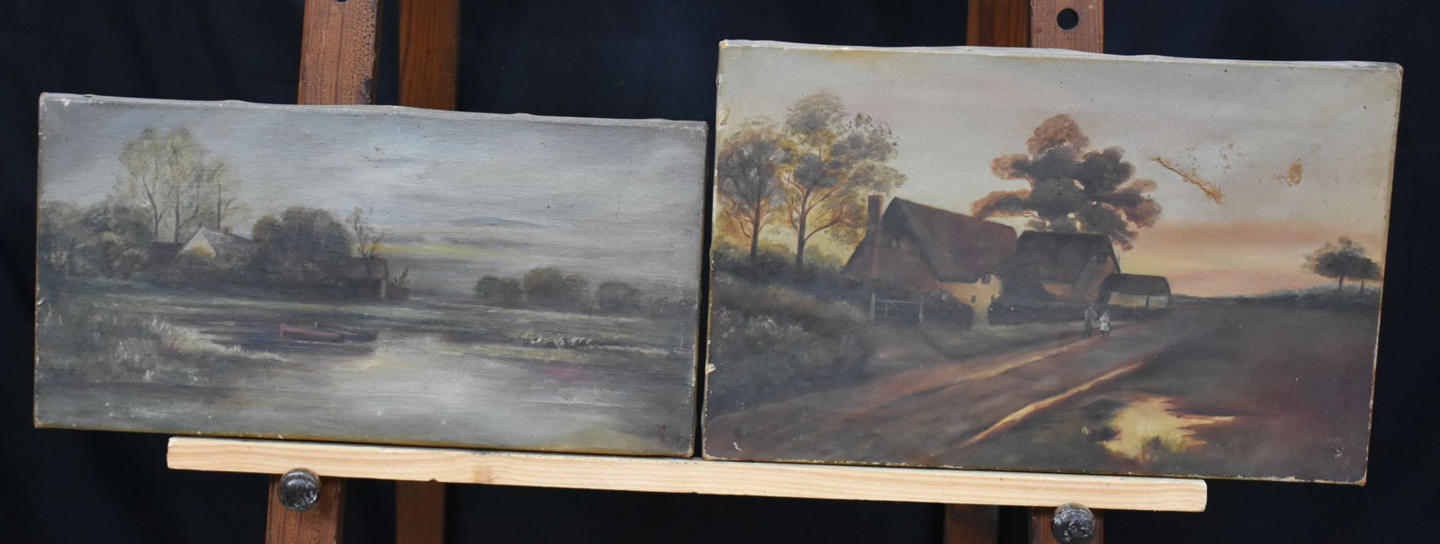Two 19th Century small oil on canvas depicting rural scenes on signed with a Monogram CL 26 x 41cm. (1 of 5)