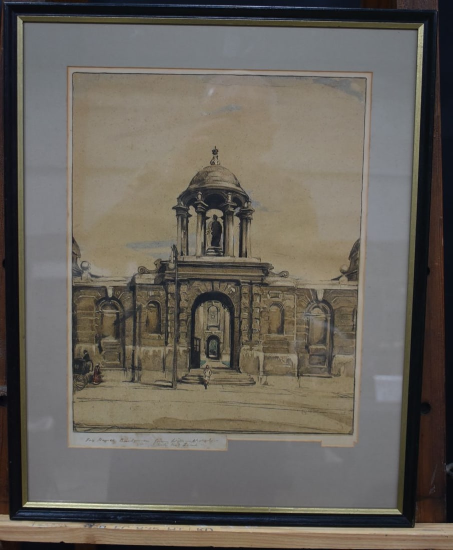 A framed lithograph of the entrance gate of Queen?s College, Oxford by Sir William Nicholson. Signed: A framed lithograph of the entrance gate of Queen?s College, Oxford by Sir William Nicholson. Signed by the artist lower left and inscribed ?For Nance Bridgeman from William Nicholson with his love?.