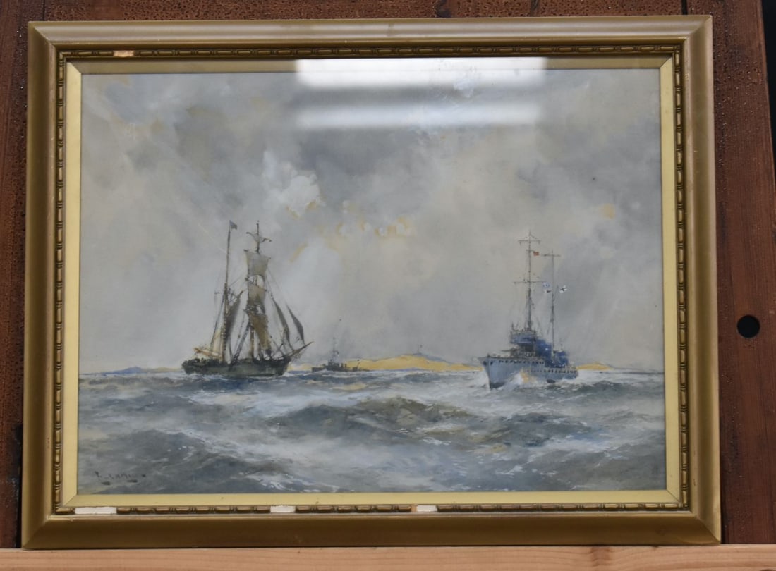 Frank H Mason (1875-1965) Framed watercolour of a coastal scene 25 x 33cm.: Frank H Mason (1875-1965) Framed watercolour of a coastal scene 25 x 33cm.