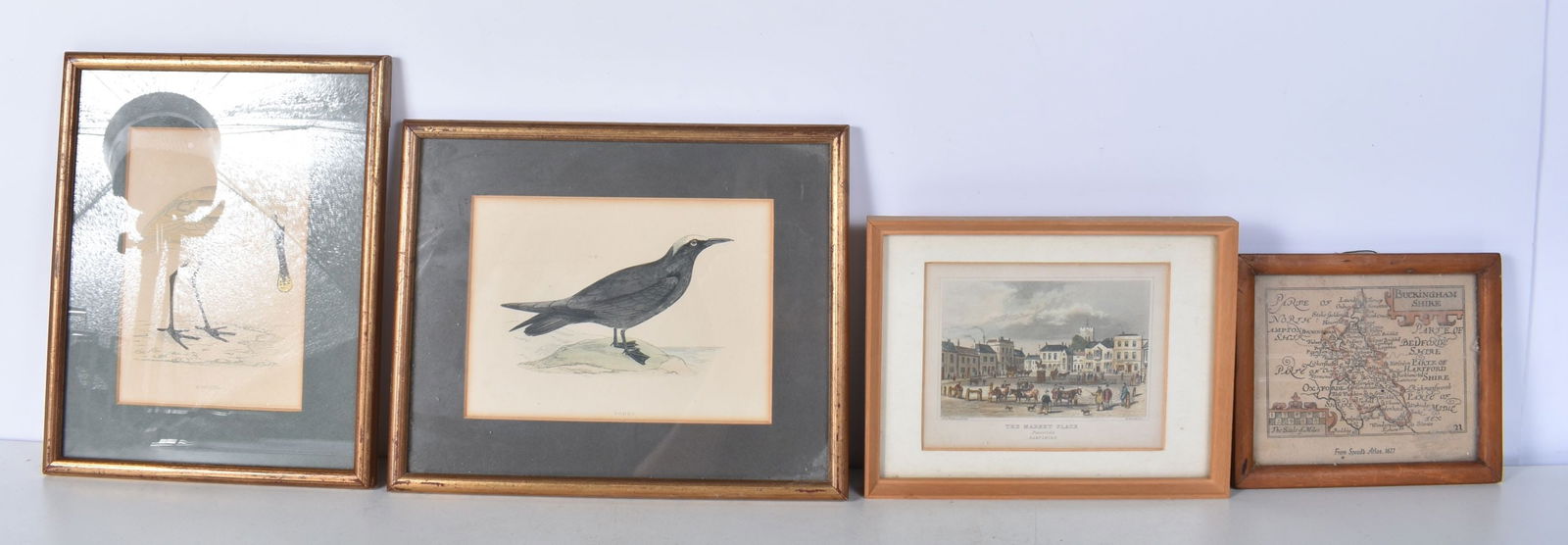 Two framed lithographs of birds together with a framed etching of Petersfield town center and an ear (1 of 5)