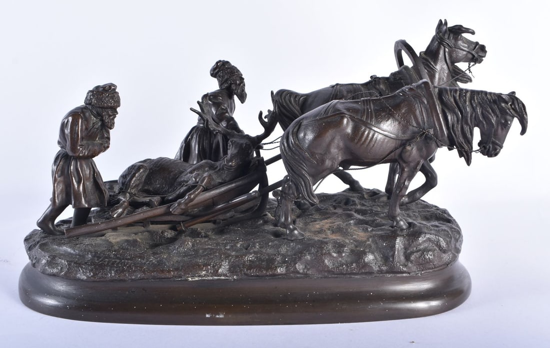 Vasily Yakolevich Grachev (19th Century) Russian, Bronze, Cossacks and a fallen moose. 27 cm x 18 cm: Vasily Yakolevich Grachev (19th Century) Russian, Bronze, Cossacks and a fallen moose. 27 cm x 18 cm.