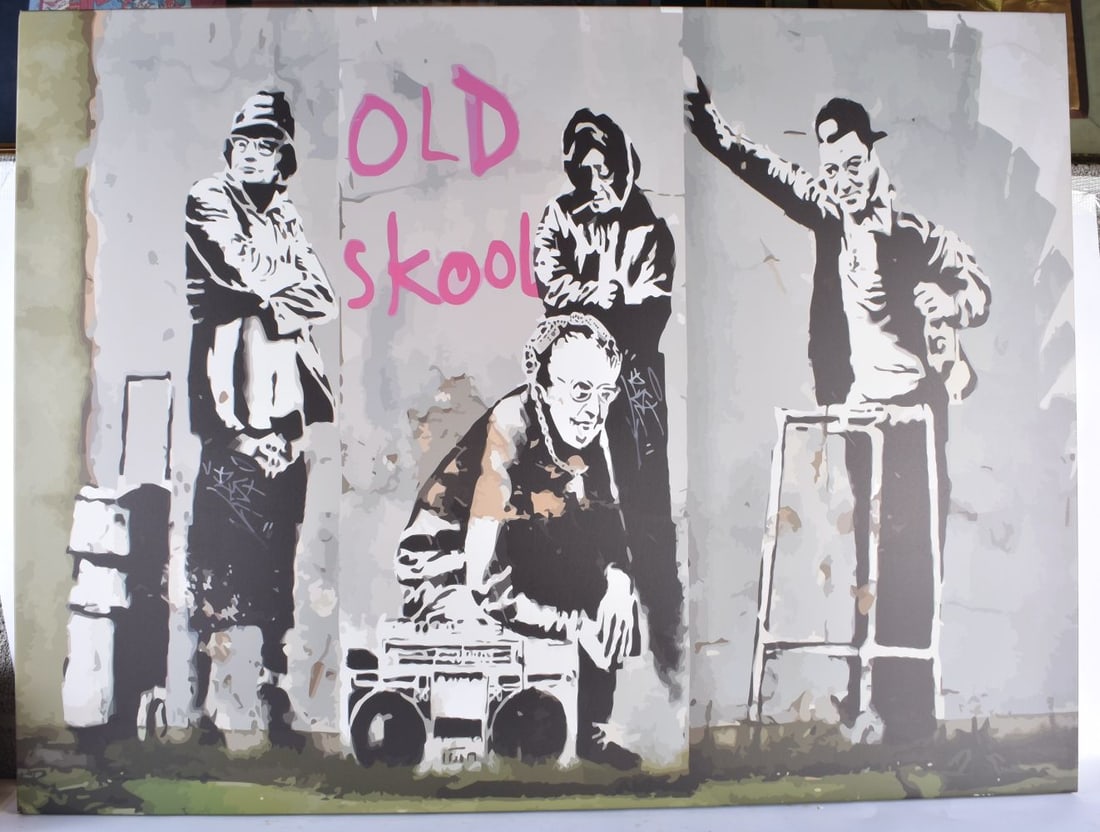 TWO LARGE CANVAS PICTURES After Banksy. Largest 128 cm x 88 cm. (2) (1 of 9)