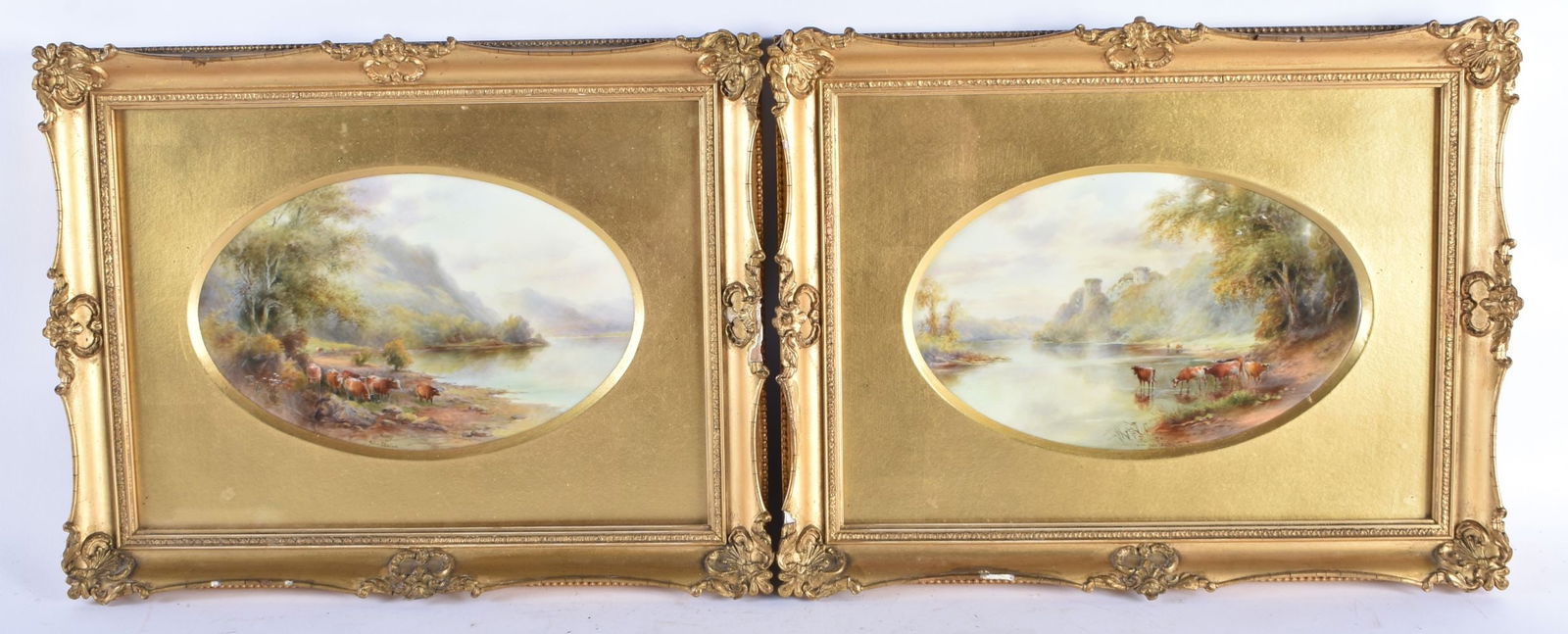 A PAIR OF ROYAL WORCESTER PORCELAIN LANDSCAPE CATTLE PLAQUES by John Stinton. 37 cm x 30 cm. (1 of 10)