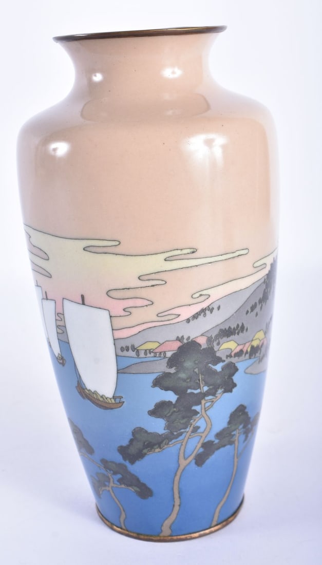 A RARE EARLY 20TH CENTURY JAPANESE MEIJI PERIOD CLOISONNE ENAMEL VASE After Hiroshige, 53 Tokaido St (1 of 7)