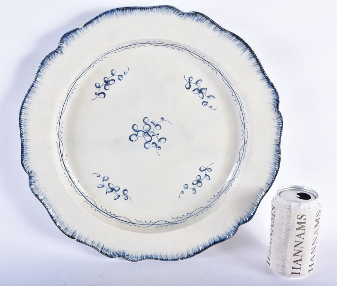 A VERY LARGE LATE 18TH CENTURY ENGLISH PEARLWARE SCALLOPED SERVING PLATE painted with floral sprigs. (1 of 4)