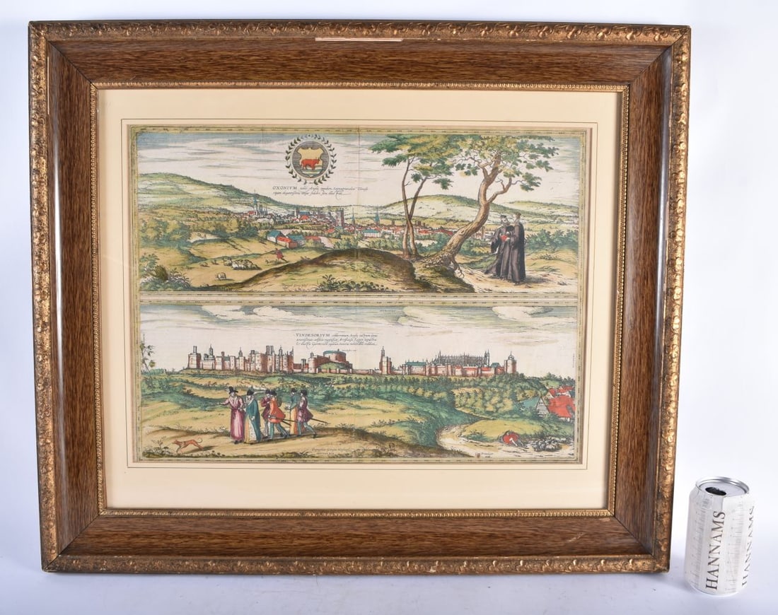 AN ANTIQUE HAND COLOURED MAP OF WINDSOR AND OXFORD by Georg Braun and Hogenberg Franz. 68 cm x 58 cm (1 of 5)