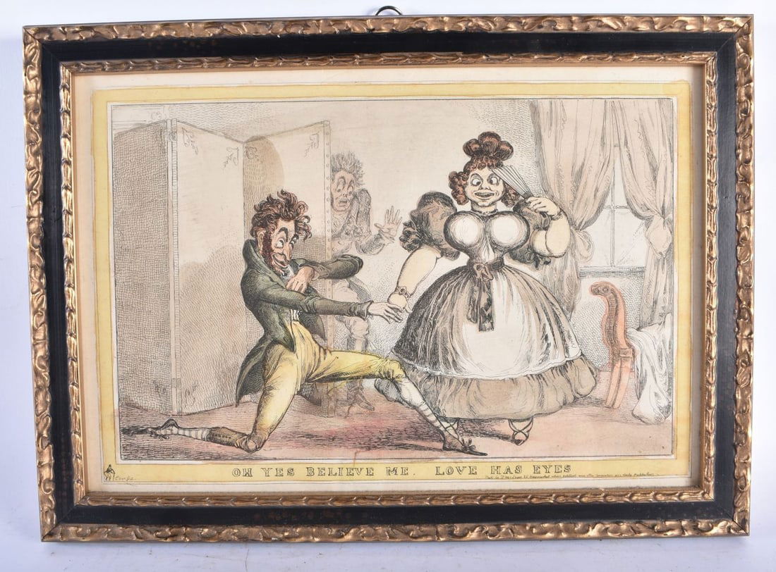 A HUMOROUS 18TH CENTURY FRAMED ETCHING by J Mclean, entitled Oh Yes Believe Me Love Has Eyes. 42 cm (1 of 4)