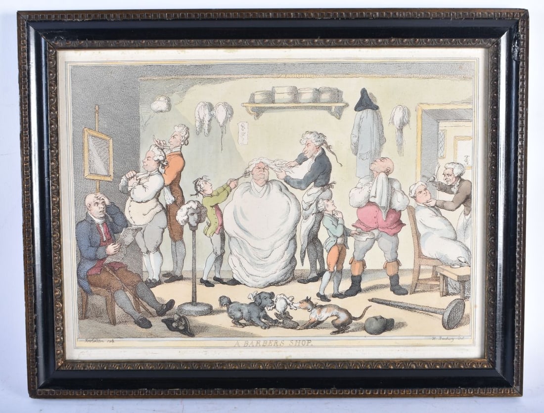 AN EARLY 19TH CENTURY FRAMED ETCHING by Rowlandson, entitled A Barber Shop. 42 cm x 32 cm. (1 of 5)