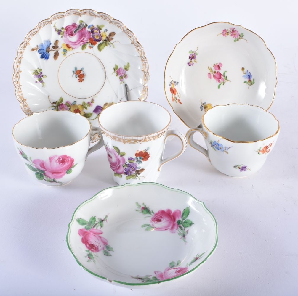 TWO MEISSEN CUPS AND SAUCERS together with a dresden cup and saucer. (6) (1 of 7)