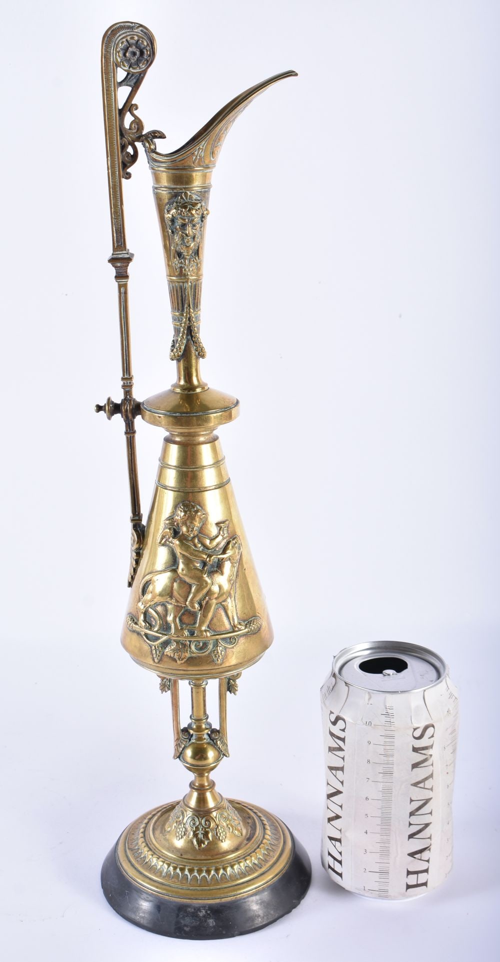 A LARGE 19TH CENTURY FRENCH BRONZE GRAND TOUR EWER decorated with figures and mask heads. 41 cm high (1 of 8)