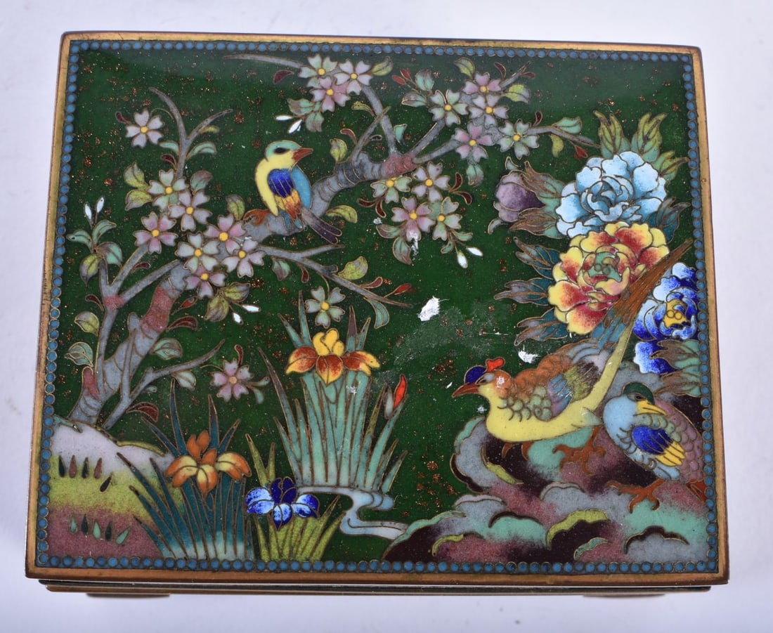 A FINE JAPANESE CLOISONNE ENAMEL CASKET decorated with birds and landscapes. 9.25 cm x 7.75 cm. (1 of 5)