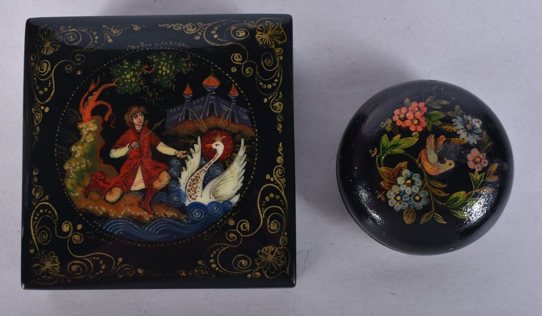 TWO RUSSIAN BLACK LACQUER BOXES. Largest 8 cm square. (2) (1 of 3)