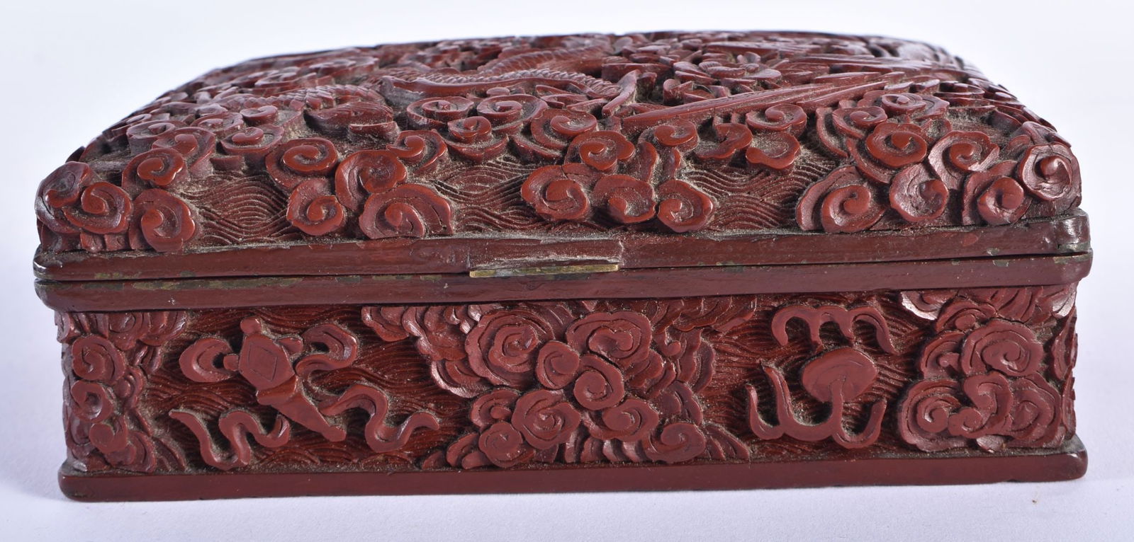 A 19TH CENTURY CHINESE CARVED CINNABAR LACQUER DRAGON BOX Qing. 13 cm x 9 cm. (1 of 5)