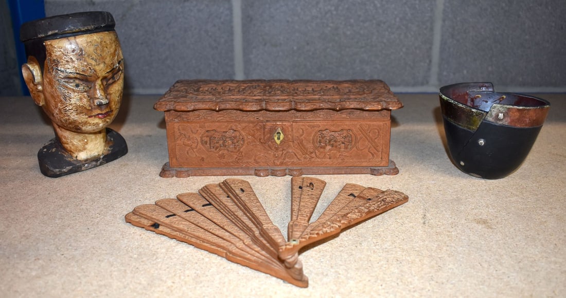 An Asian Carved Wooden Puppet Head together with a Carved Wooden Box, a Carved Wooden Fan and a Ston (1 of 5)