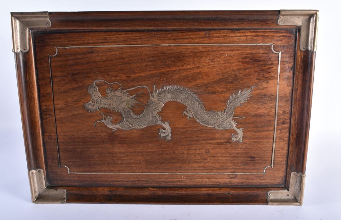 A LATE 19TH CENTURY CHINESE SILVER INLAID HARDWOOD DRAGON TABLE 58cm x 38cm x 35 cm. (1 of 7)