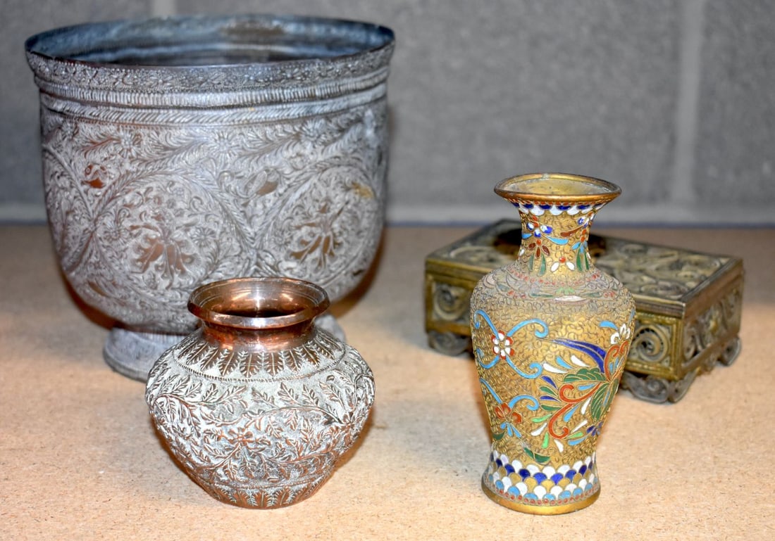 South Asian Planter, Cloisonne Vase, Filigree Box & Copper Vase (4) (1 of 1)