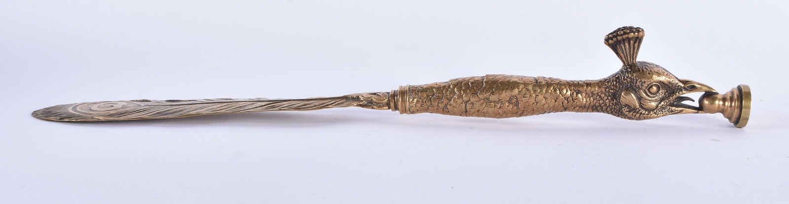 A RARE VICTORIAN BRONZE PEACOCK SEAL AND LETTER OPENER of naturalistic form. 35 cm high. (1 of 7)