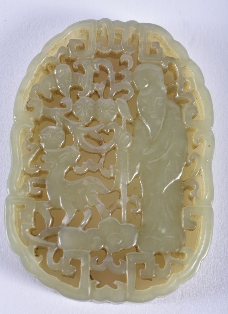 A LATE 19TH CENTURY CHINESE CARVED GREEN JADE PLAQUE Late Qing. 7.75 cm x 5cm. (1 of 4)
