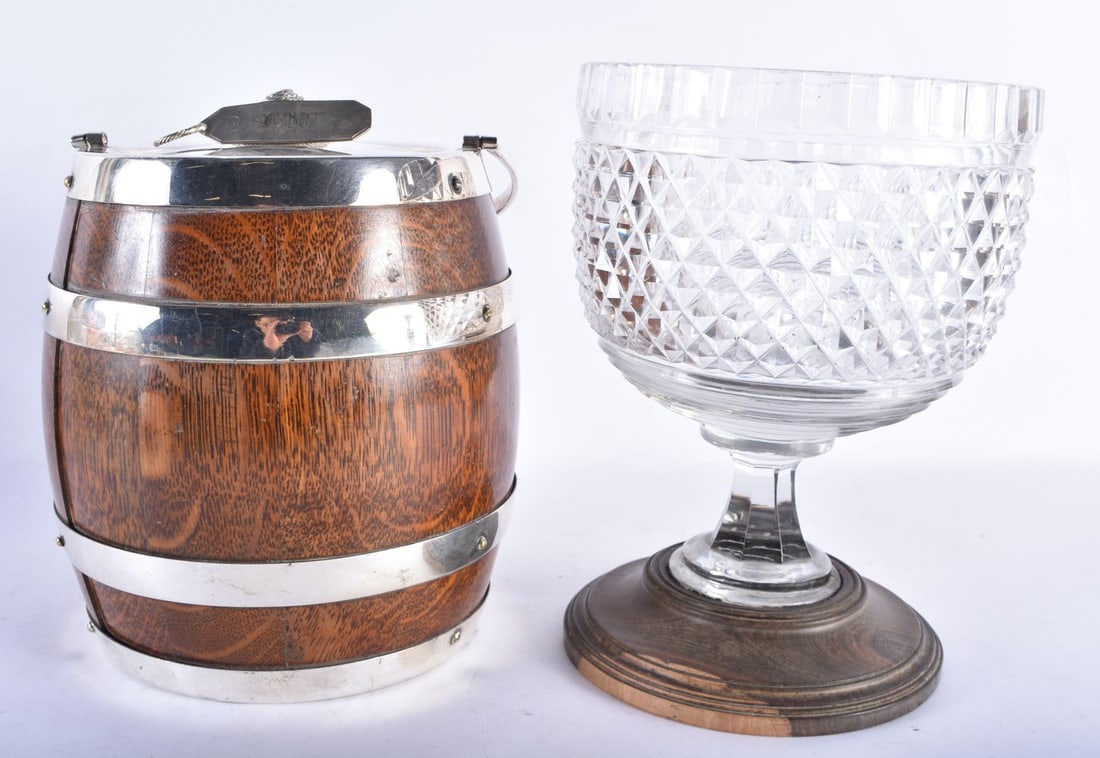 AN EDWARDIAN OAK AND SILVER PLATED OAK BISCUIT BARREL AND COVER together with an antique cut glass l (1 of 6)