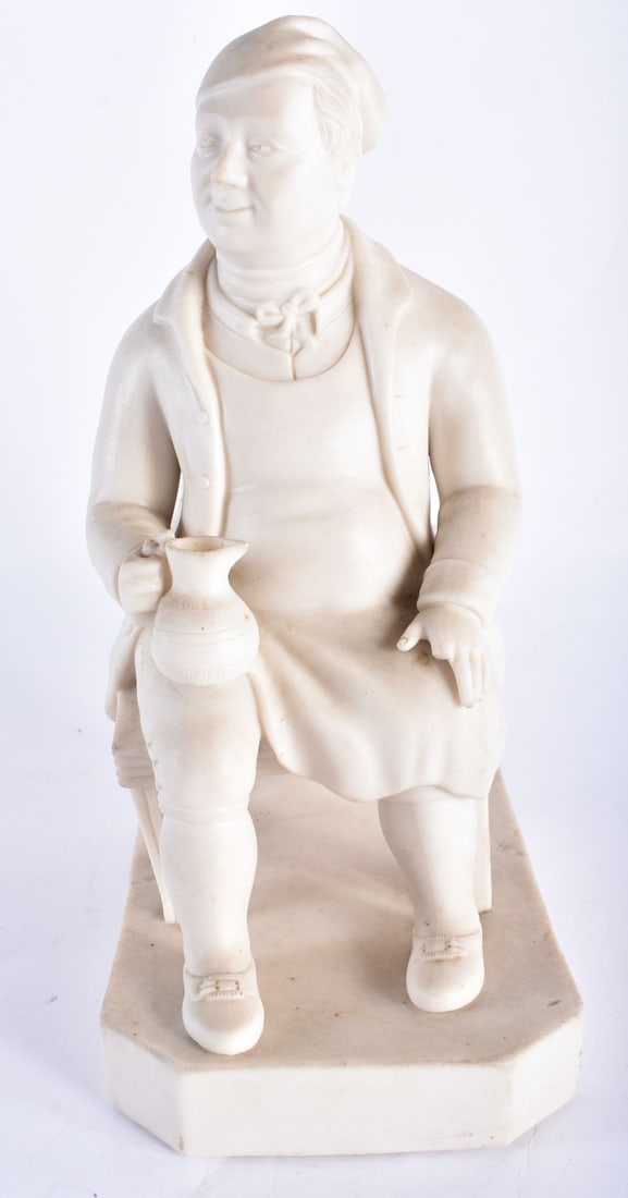AN UNUSUAL 19TH CENTURY PARIAN WARE PORCELAIN FIGURE OF A MALE modelled seated with an ale jug. 26 c (1 of 6)
