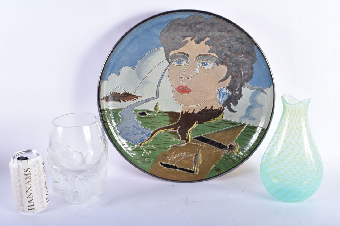 AN UNUSUAL STUDIO POTTERY STONEWARE DISH together with a Lalique vase and another glass vase. Larges (1 of 8)