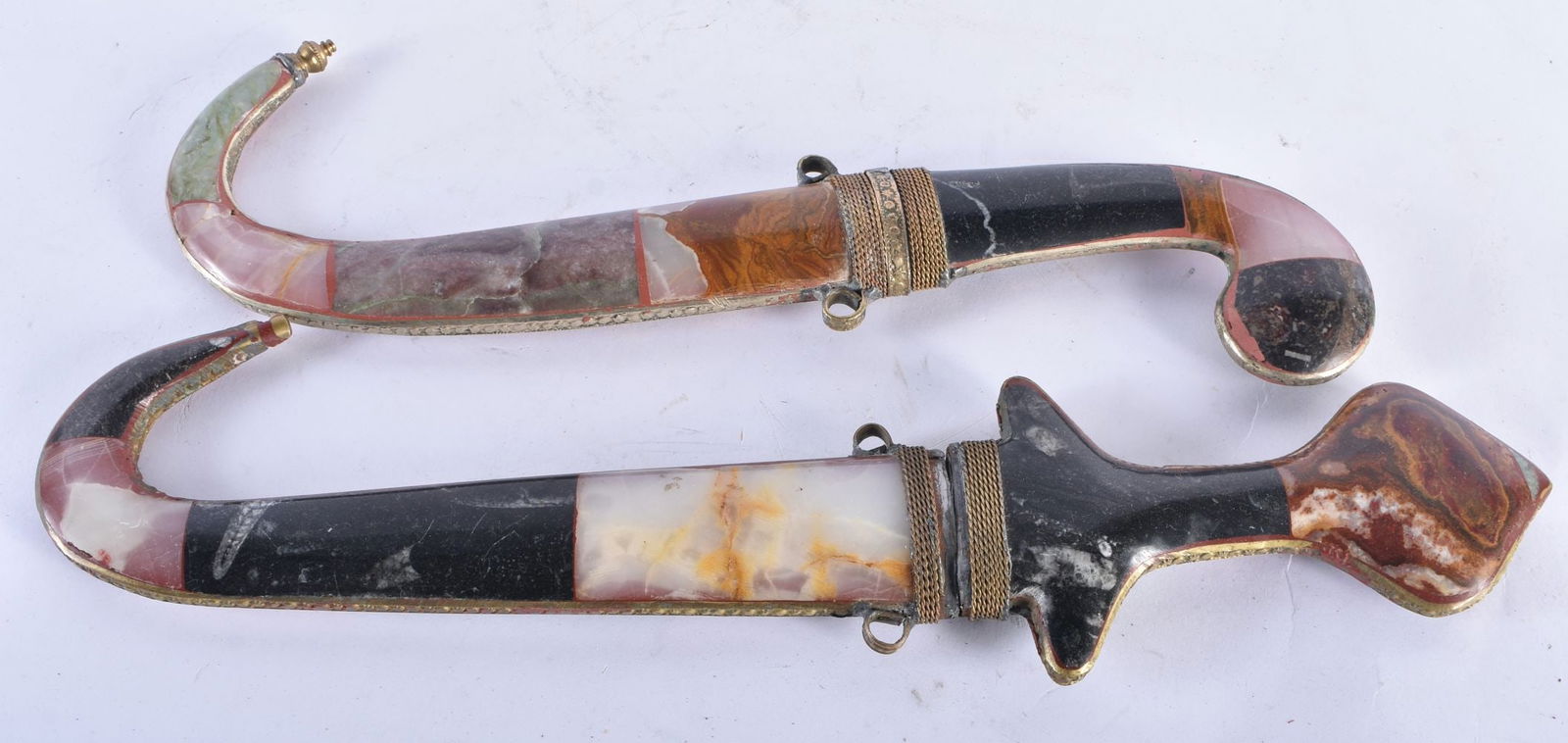 TWO EARLY 20TH CENTURY MIDDLE EASTERN HARDSTONE DAGGERS. 35 cm long. (2)   BUYERS ARE ADVISED TO CON (1 of 3)