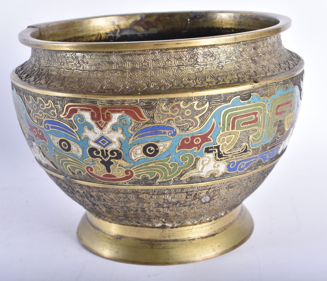 A 19TH CENTURY CHINESE BRONZE AND CHAMPLEVE ENAMEL JARDINIERE Late Qing, decorated with taotie mask (1 of 5)