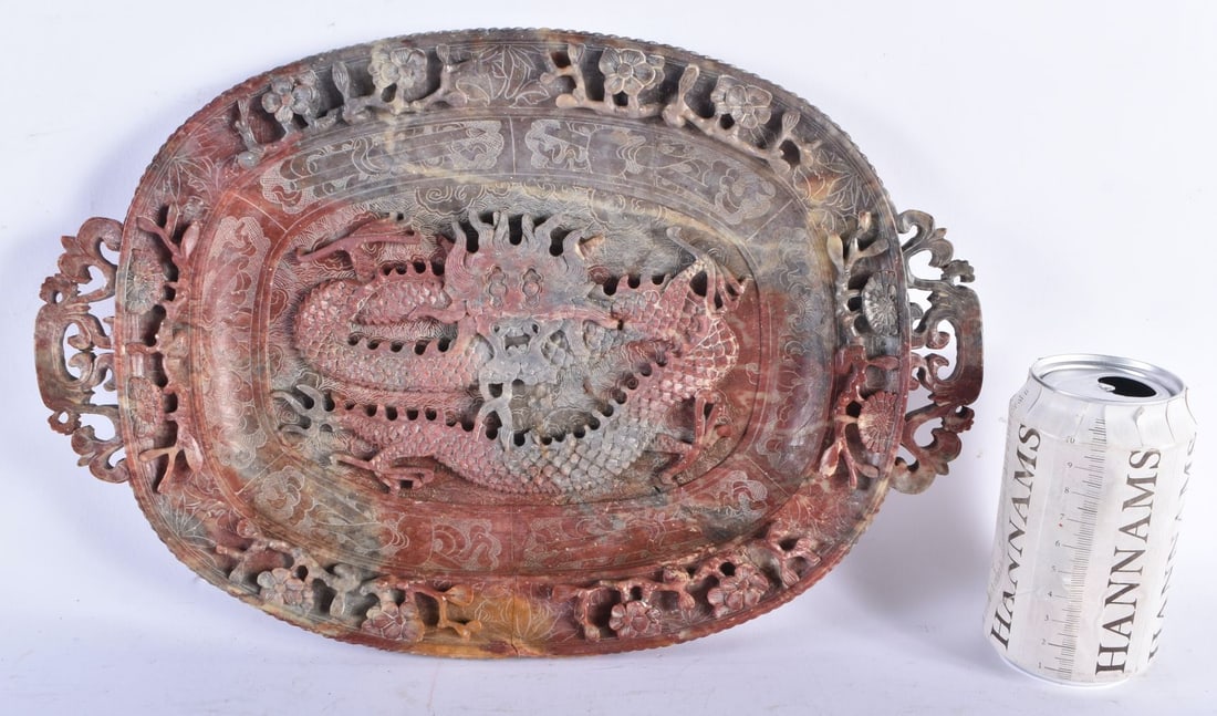 A RARE 19TH CENTURY CHINESE TWIN HANDLED CARVED SOAPSTONE DRAGON DISH Qing. 35 cm x 24 cm. (1 of 6)