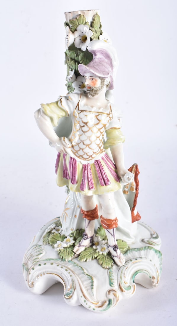 AN 18TH CENTURY DERBY PORCELAIN FIGURE OF A MALE modelled upon a floral encrusted base. 22.5 cm high: AN 18TH CENTURY DERBY PORCELAIN FIGURE OF A MALE modelled upon a floral encrusted base. 22.5 cm high.