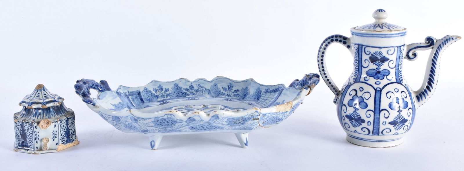 A 17TH/18TH CENTURY DELFT TIN GLAZED TEAPOT AND COVER together with an early delft mustard pot & a C (1 of 12)