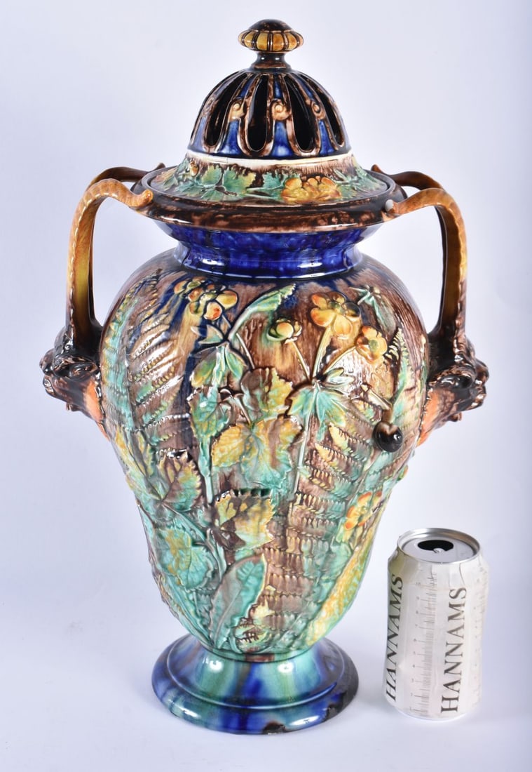 A RARE LARGE PORTUGUESE ROYAL PALISSY MAJOLICA VASE AND COVER with inner cover. 44 cm x 24 cm. (1 of 8)