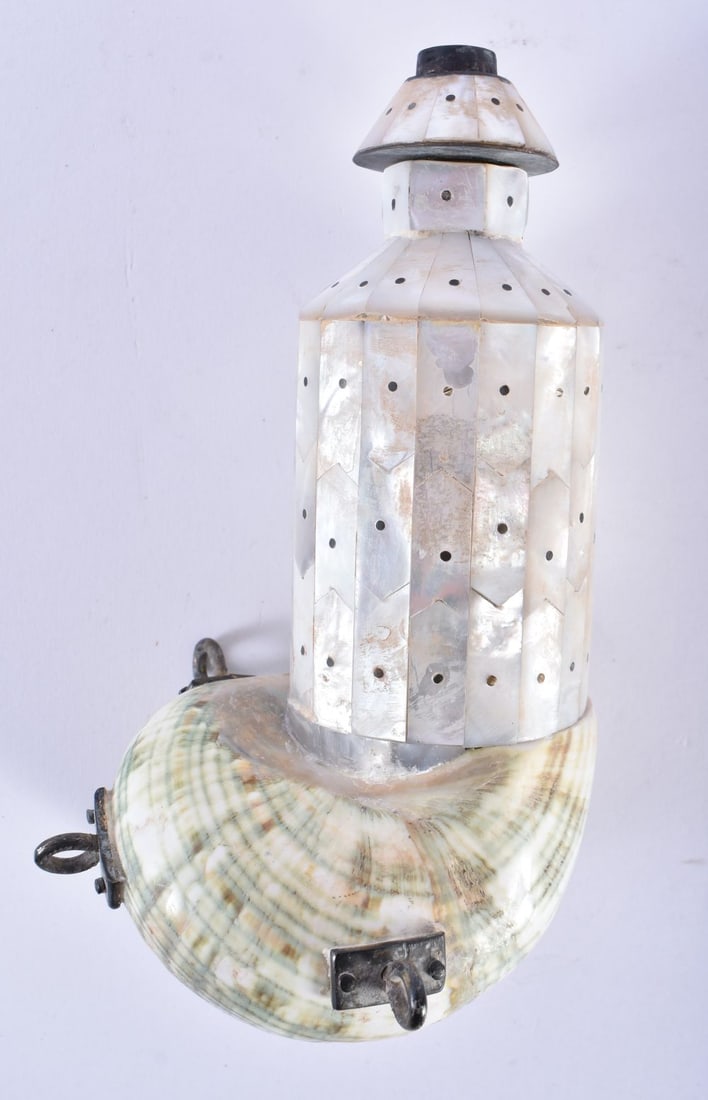 AN INDIAN GOA MOTHER OF PEARL POWDER FLASK. 14.5 cm wide.: AN INDIAN GOA MOTHER OF PEARL POWDER FLASK. 14.5 cm wide.