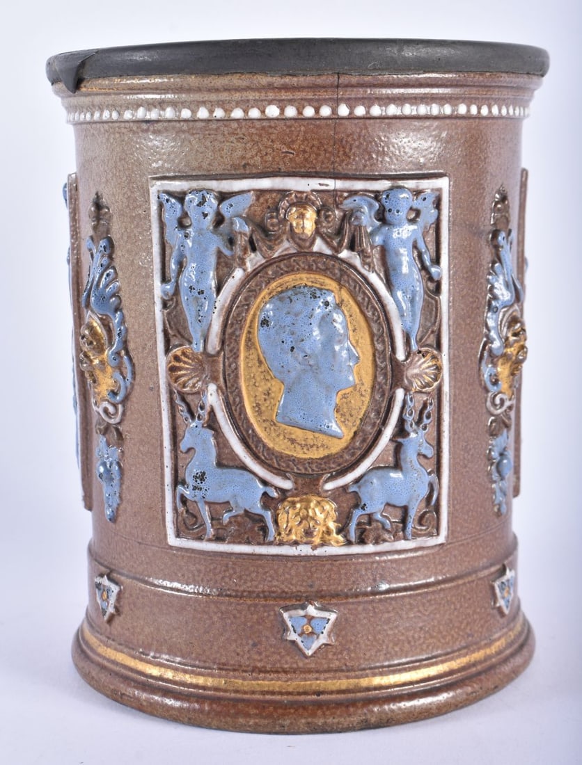 AN UNUSUAL 19TH CENTURY STONEWARE BARREL enamelled in lavender with classical figures. 15 cm x 12 cm (1 of 4)