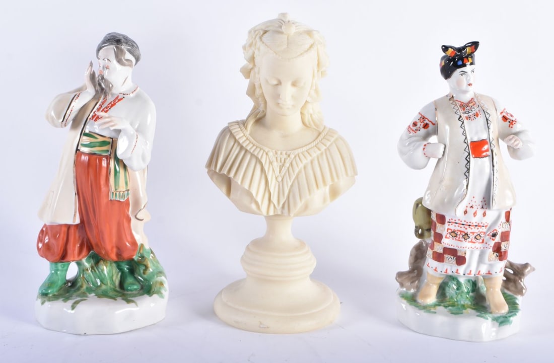 A PAIR OF UKRAINIAN PORCELAIN FIGURES together with a bust. (3): A PAIR OF UKRAINIAN PORCELAIN FIGURES together with a bust. (3)