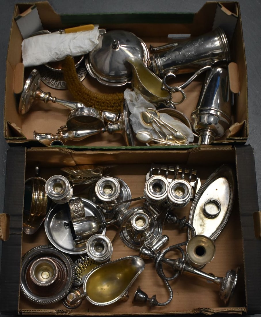 TWO LARGE CRATES OF SILVER PLATED WARES including a silver posy vase, a WMF trophy, (qty) (1 of 7)