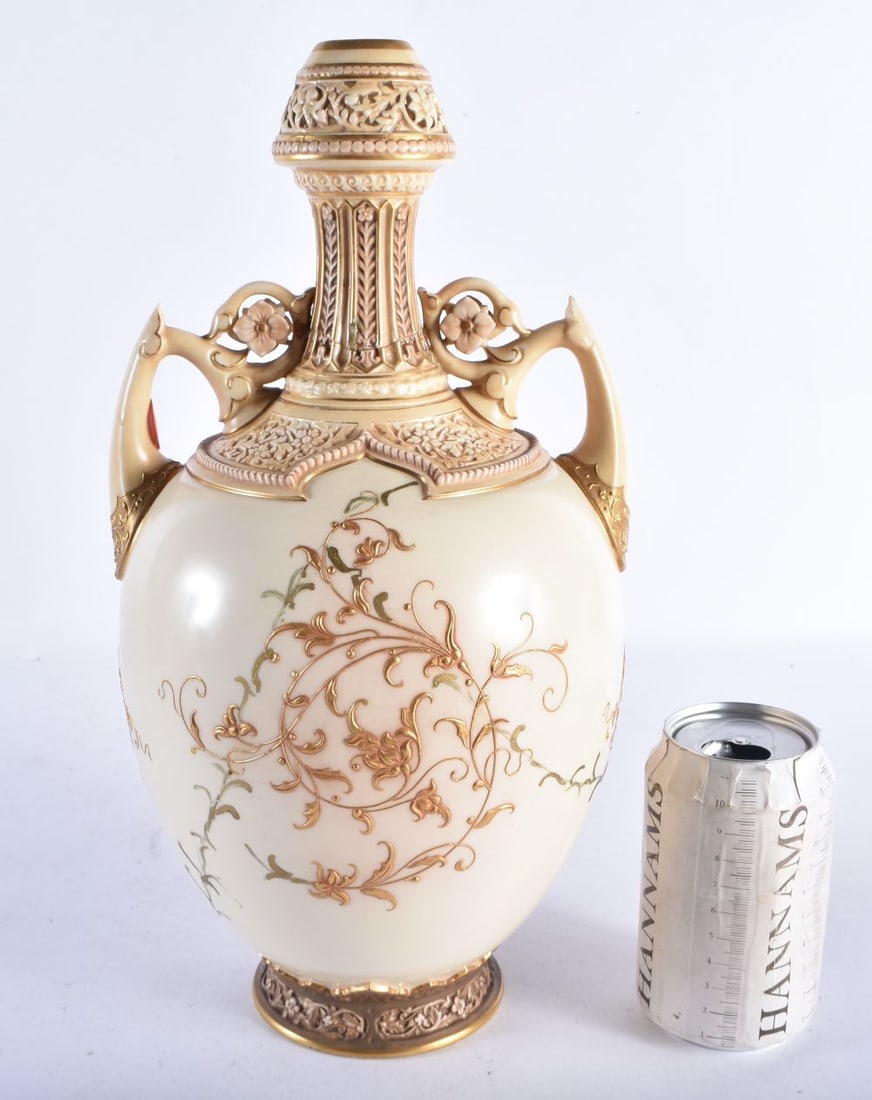 A ROYAL WORCESTER TWIN HANDLED BLUSH IVORY ISLAMIC STYLE VASE. 35 cm high. (1 of 7)