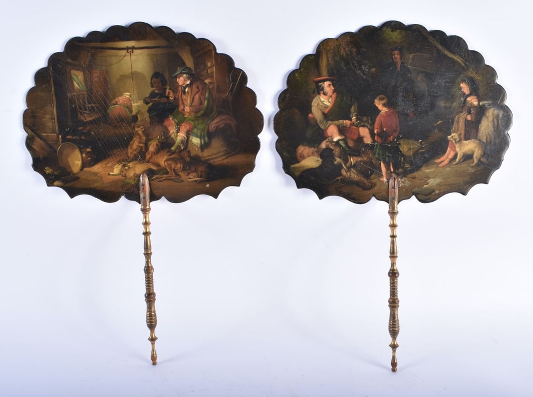 A FINE AND RARE PAIR OF EARL VICTORIAN PAPIER MACHE FANS painted with Scottish interiors views. 40 c (1 of 4)