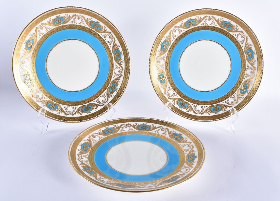 Early 1900s Minton set of three plates with raised etched gilding, neo-classical turquoise and gold (1 of 7)