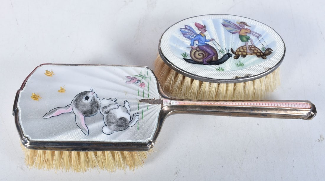 A RARE 1950S ENGLISH SILVER AND ENAMEL FAIRYTALE DRESSING TABLE SET. Birmingham 1954. 176.7 grams ov (1 of 3)