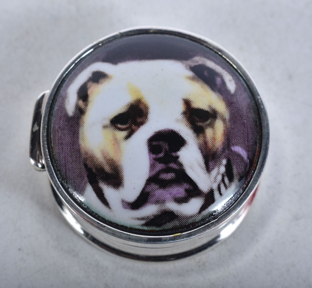 A SILVER PILL BOX WITH DOG HEAD DECORATION ON LID. Stamped 925,1.3cm x 2.8cm, weight 13g: A SILVER PILL BOX WITH DOG HEAD DECORATION ON LID. Stamped 925,1.3cm x 2.8cm, weight 13g