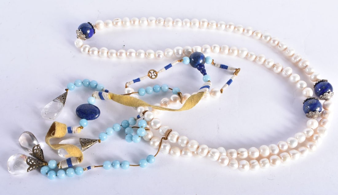 A LONG EARLY 20TH CENTURY CHINESE PEARL LAPIS LAZULI AND ROCK CRYSTAL PRAYER BEAD NECKLACE Late Qing (1 of 6)