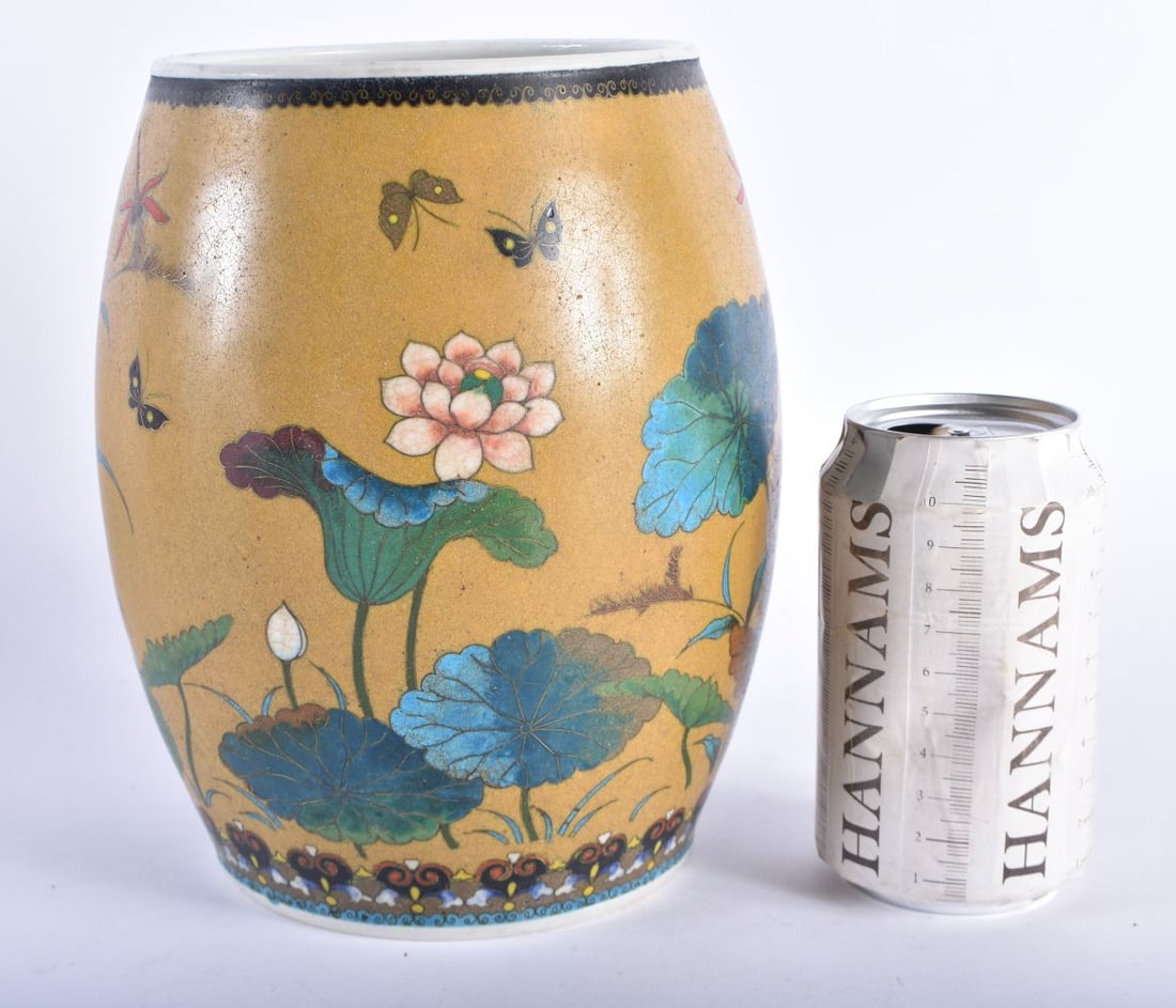 A LOVELY 19TH CENTURY JAPANESE MEIJI PERIOD CLOISONNE ENAMEL AND PORCELAIN JAR decorated with butter: A LOVELY 19TH CENTURY JAPANESE MEIJI PERIOD CLOISONNE ENAMEL AND PORCELAIN JAR decorated with butterflies and foliage. 20 cm x 14 cm.