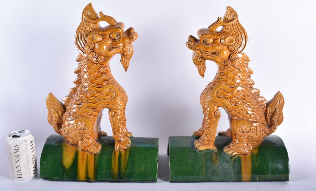 A LARGE PAIR OF LATE 19TH CENTURY CHINESE YELLOW GLAZED ROOF TILES Qing. 40 cm x 28 cm.: A LARGE PAIR OF LATE 19TH CENTURY CHINESE YELLOW GLAZED ROOF TILES Qing. 40 cm x 28 cm.