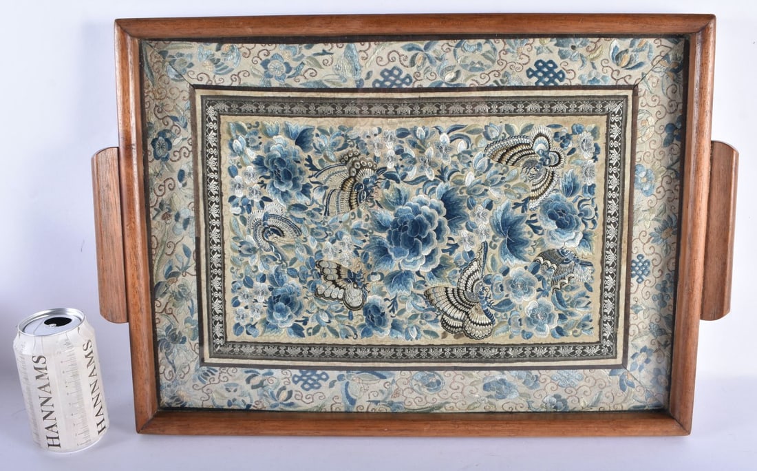 A LARGE 19TH CENTURY CHINESE SILKWORK EMBROIDERED TRAY Qing. 48 cm x 34 cm. (1 of 6)