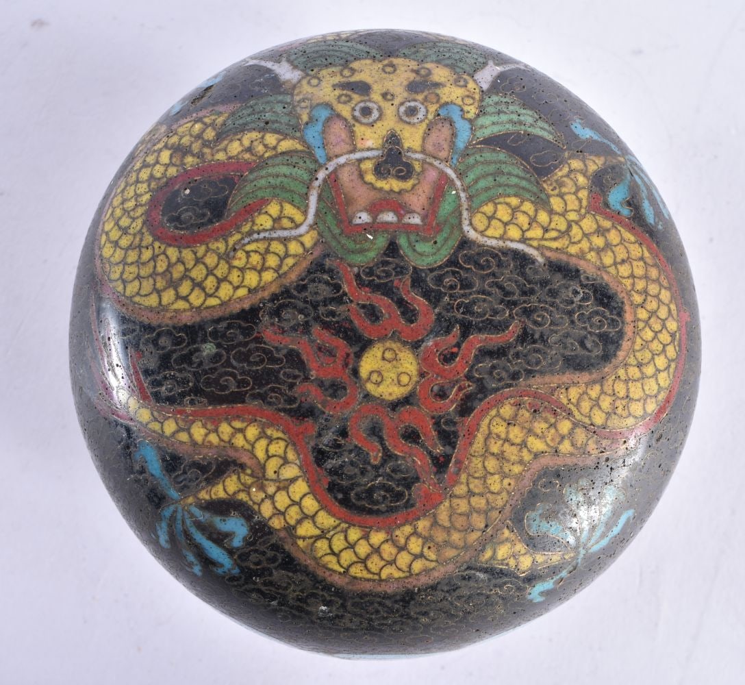 A 19TH CENTURY CHINESE CLOISONNE ENAMEL DRAGON BOX AND COVER Qing. 9.5 cm diameter. (1 of 5)