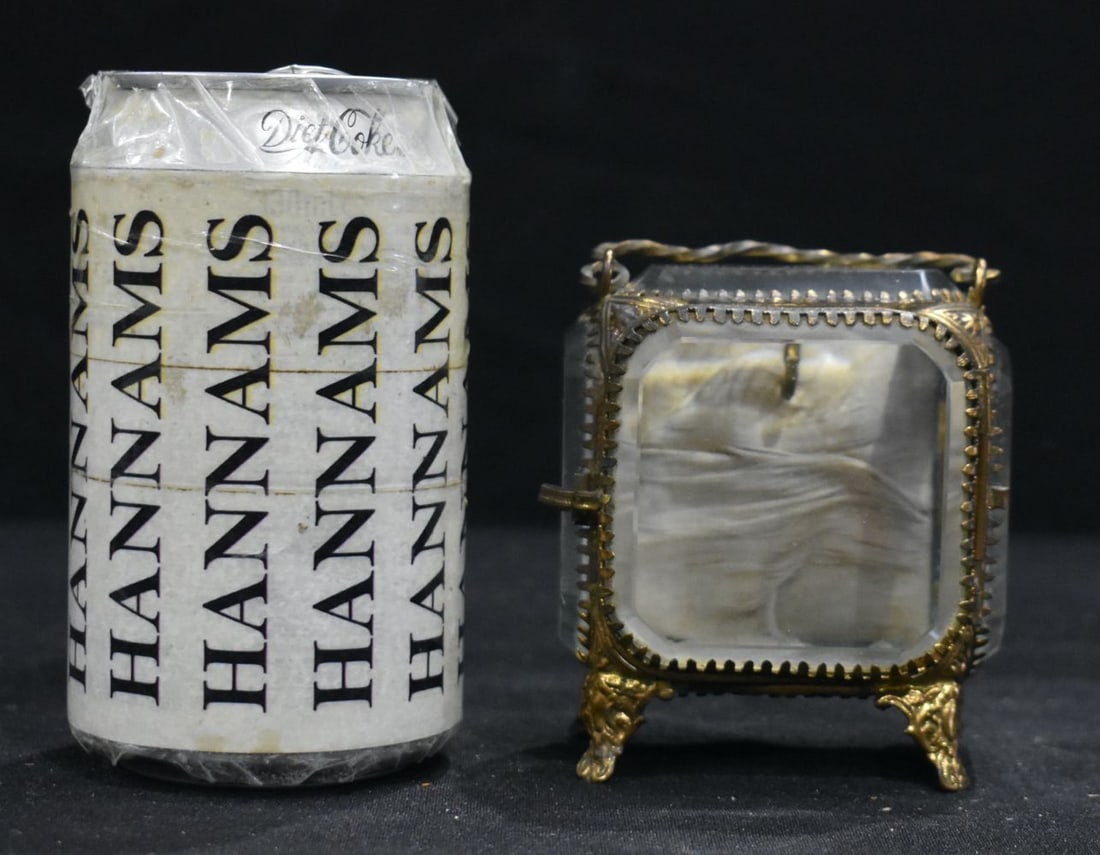 A small Lourdes bevelled glass and gilt metal casket 9 x 7.5cm: A small Lourdes bevelled glass and gilt metal casket 9 x 7.5cm