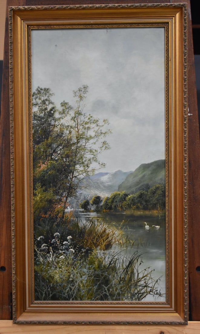 Edwin Cole (British, 1868-1935). Framed oil on canvas of a mountainous landscape 60 x 29 cm. (1 of 6)