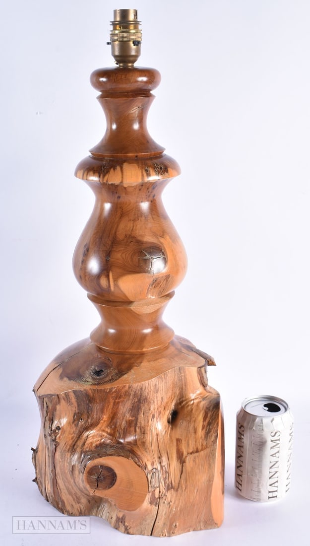 A LARGE EARLY 20TH CENTURY YEW WOOD RUSTIC LAMP of naturalistic form. 52 cm x 22 cm. (1 of 4)