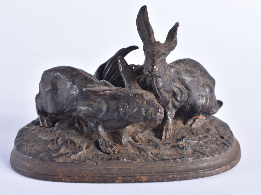Attributed to Pierre Jules Mene (1810-1879) Cast iron, Hares upon foliage. 14 cm x 9 cm.: Attributed to Pierre Jules Mene (1810-1879) Cast iron, Hares upon foliage. 14 cm x 9 cm.